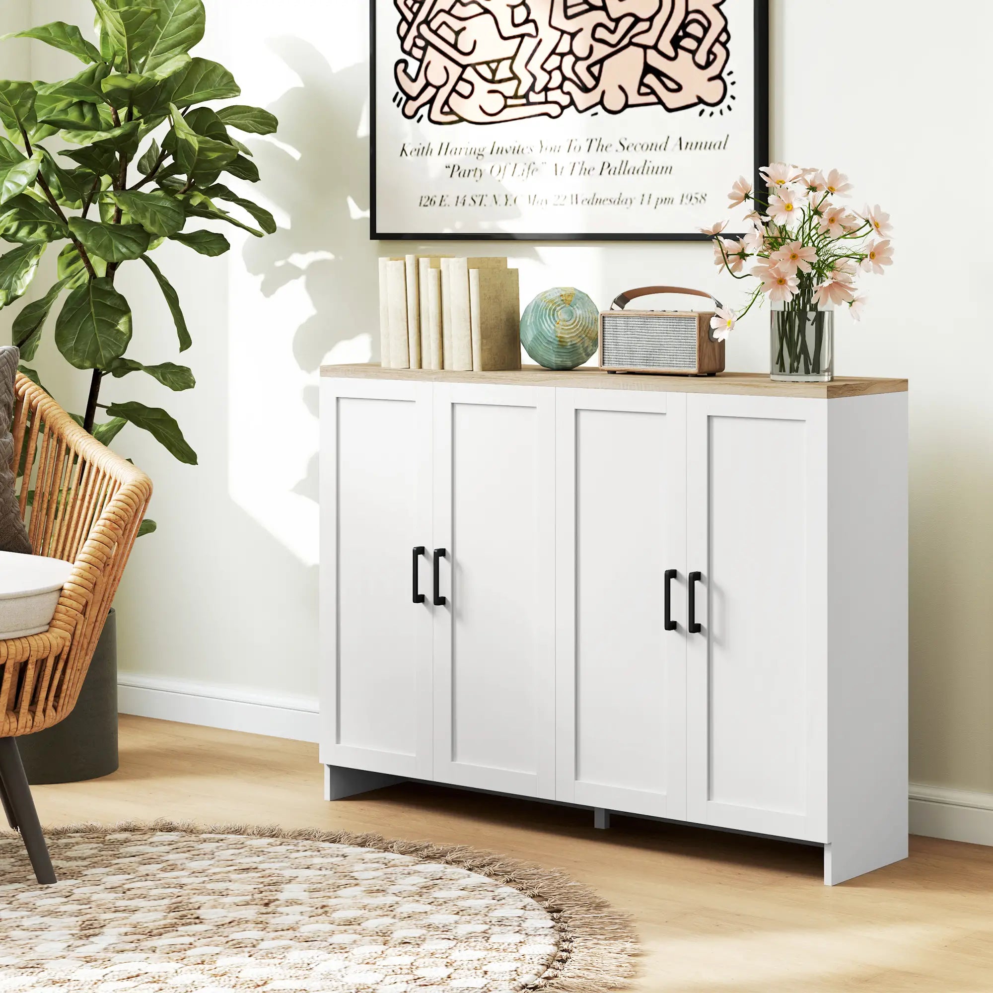 Modern Sideboard Buffet Cabinet, 4 Doors Adjustable Shelves, White Storage Cabinets at Gallery Canada