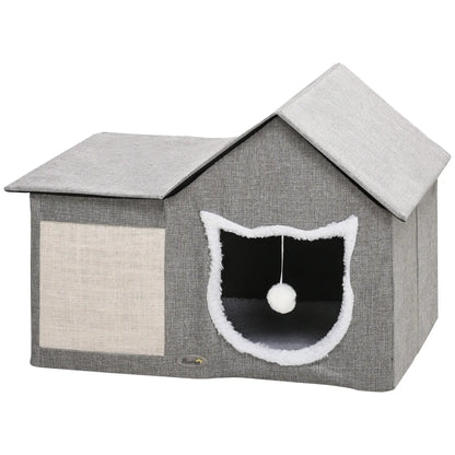Large Cat Bed, Indoor Cat House with Soft Cushion, Scratching Pad, Grey Cat Houses Grey, Cream White at Gallery Canada