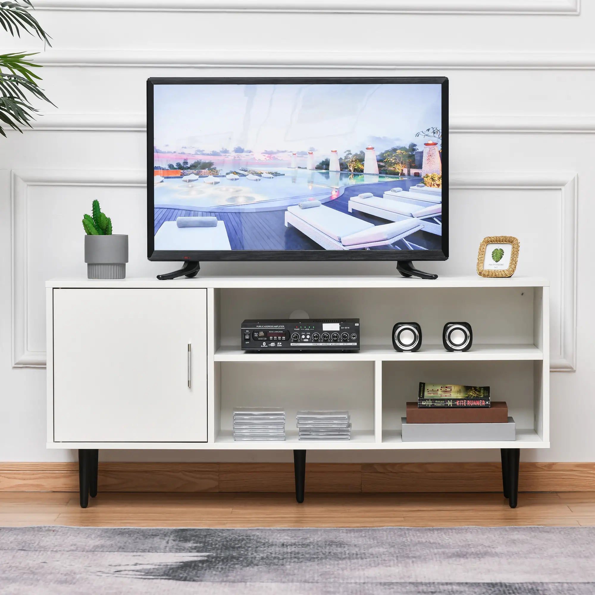 Modern TV Stand for 60 Inches, Storage Shelf, Cable Hole, White TV Stands at Gallery Canada