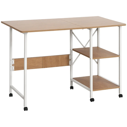 Folding Computer Desk With Storage Shelves, 6 Wheels, Natural Writing Desks White, Oak at Gallery Canada