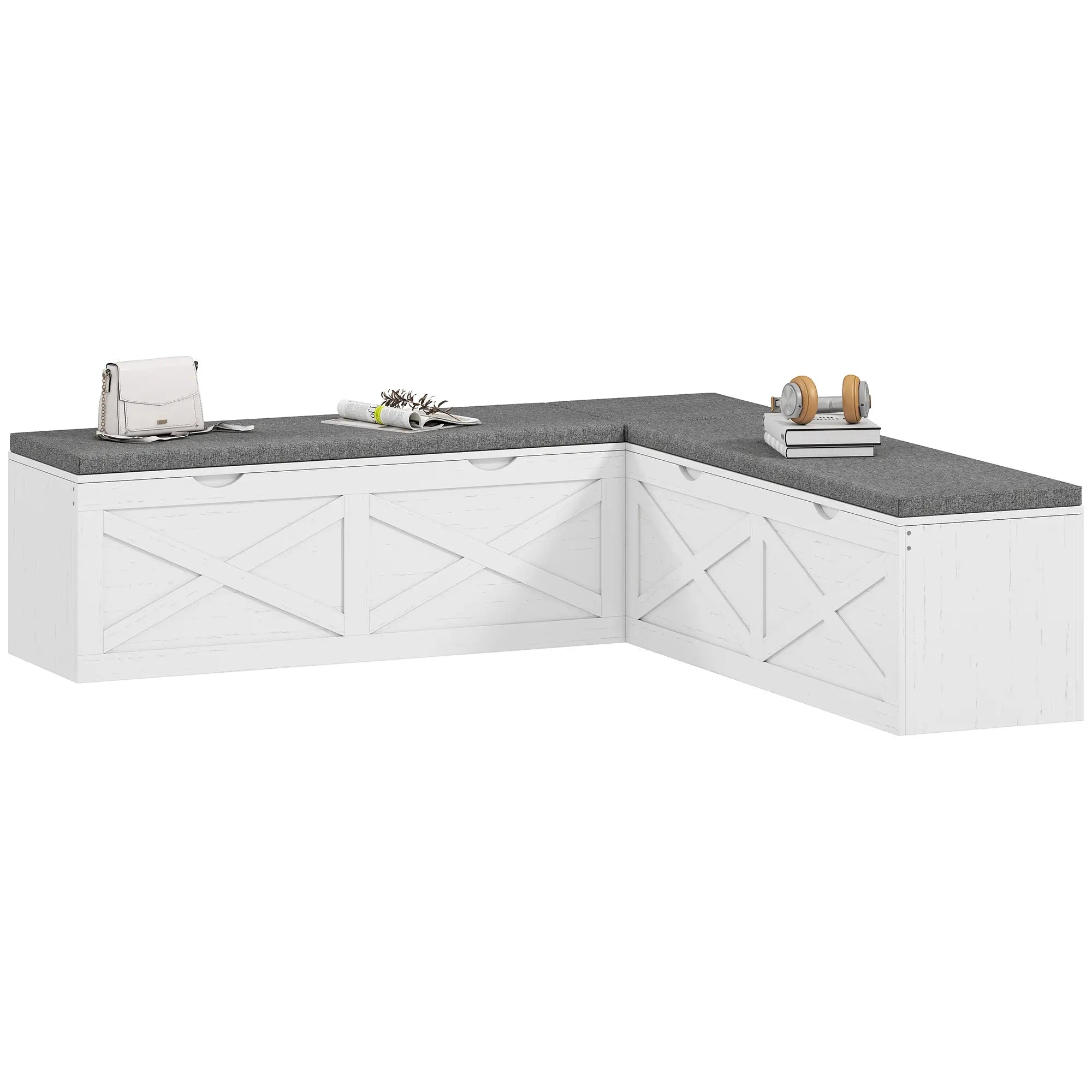 L-Shaped Shoe Bench With Padded Cushion, White Shoe Storage Cabinets & Racks White Wood Grain, Grey at Gallery Canada