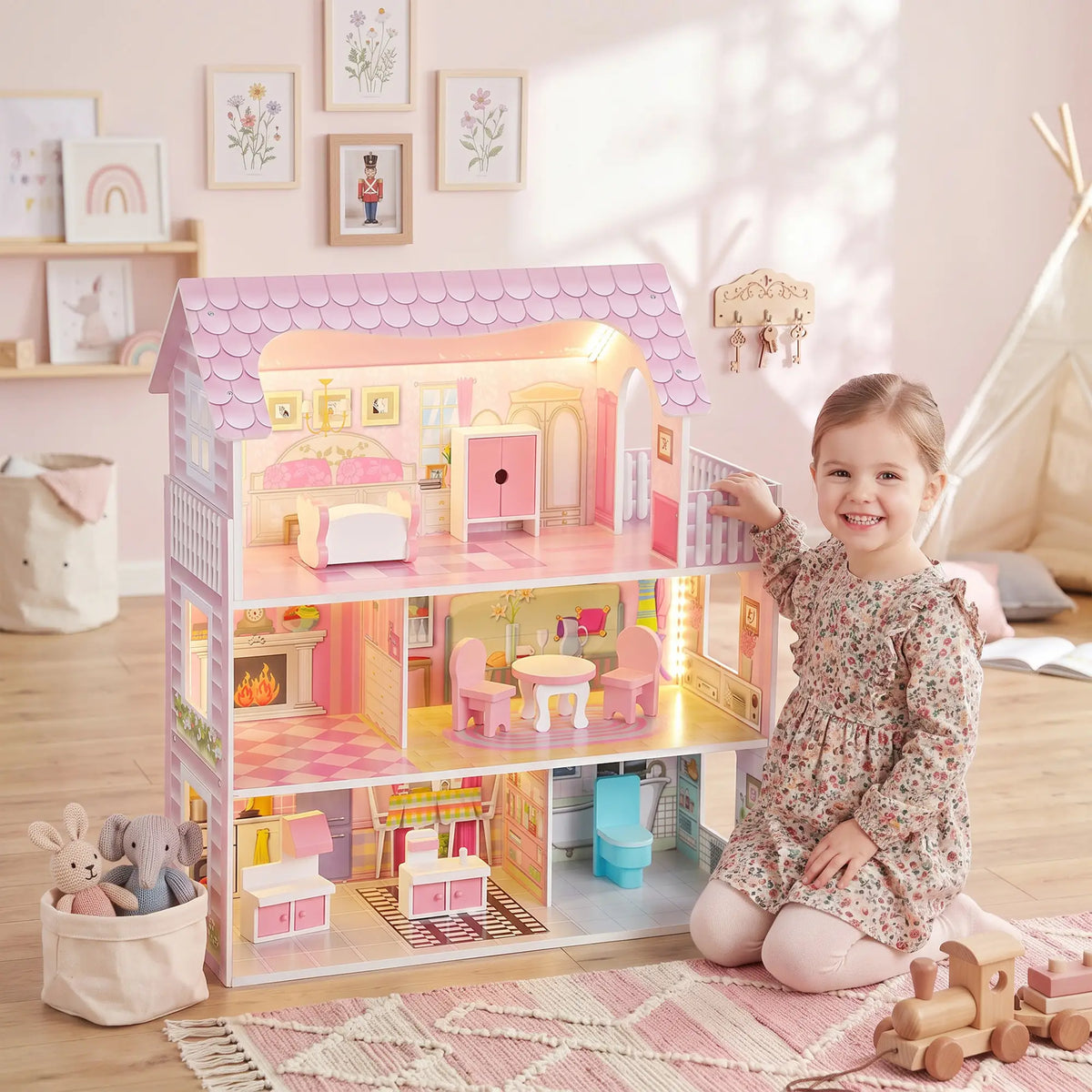 3-Story Dollhouse, LED, 6 Rooms, 8 PCS Accessories Play Houses at Gallery Canada