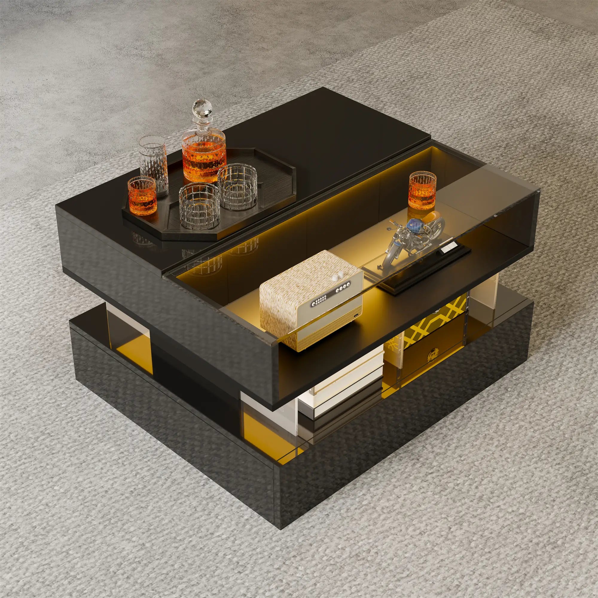 Glass Top LED Coffee Table, Storage Drawer, Adjustable Height, 26