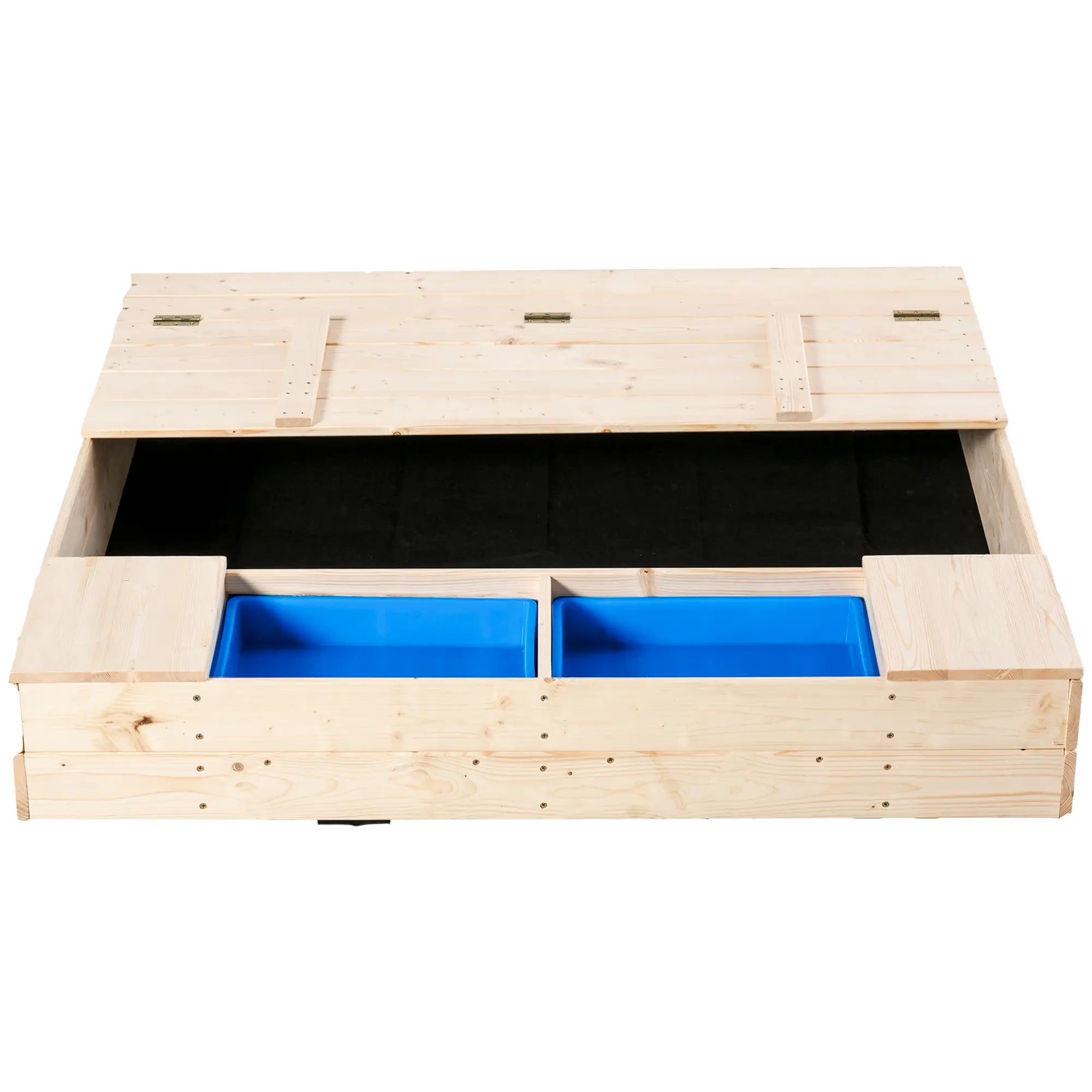 Kids Wooden Sandbox with Foldable Bench, 2 Plastic Boxes, Liner Sandboxes & Accessories Natural at Gallery Canada