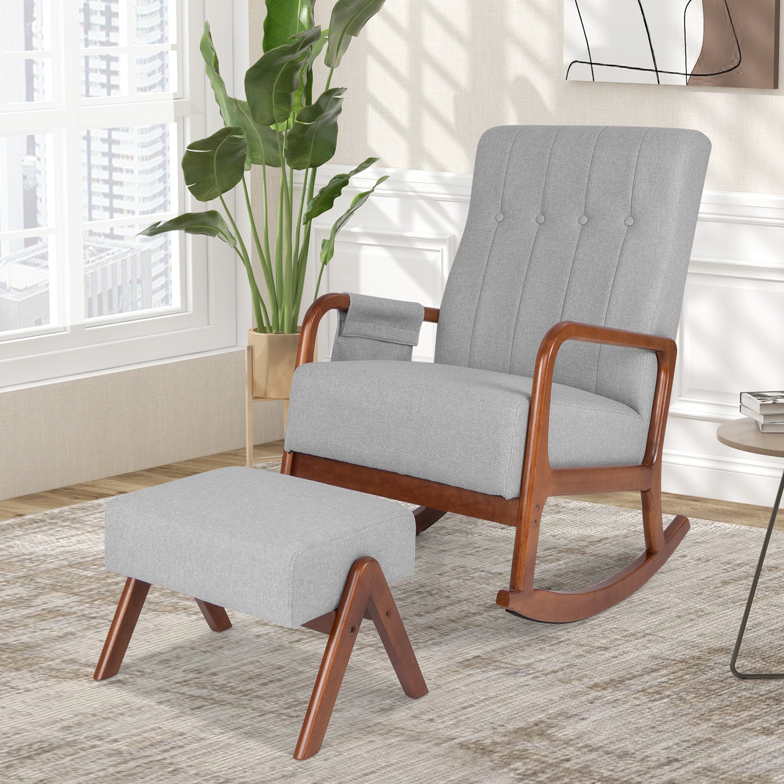 Rocking Chair With Ottoman, Solid Rubber Wood Frame, Padded Cushion, Gray Accent Chairs at Gallery Canada