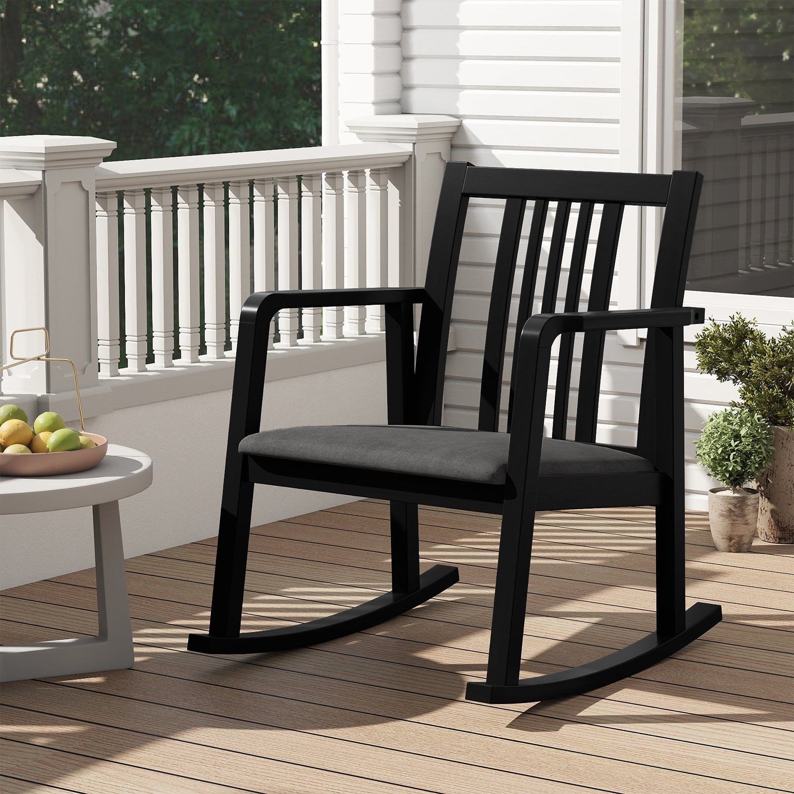 Rocking Chair with Slatted Back and Curved Armrests, Black Patio Rocking Chairs & Gliders at Gallery Canada
