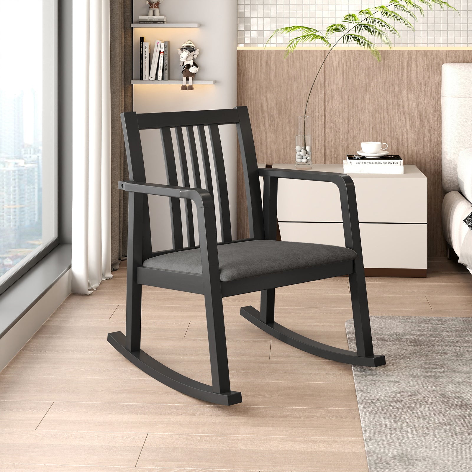 Rocking Chair with Slatted Back and Curved Armrests, Black Patio Rocking Chairs & Gliders at Gallery Canada