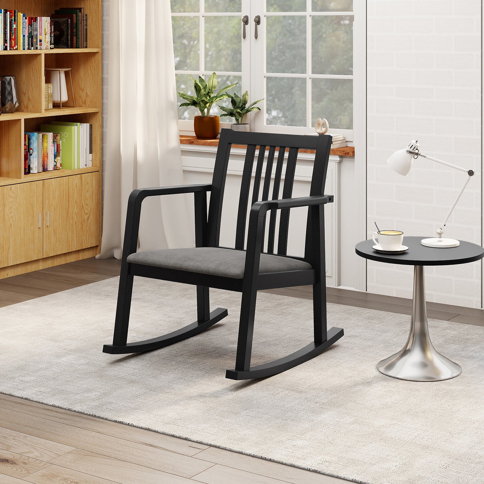 Rocking Chair with Slatted Back and Curved Armrests, Black Patio Rocking Chairs & Gliders at Gallery Canada