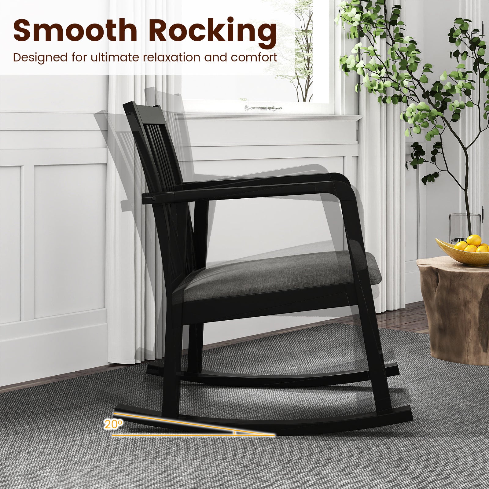 Rocking Chair with Slatted Back and Curved Armrests, Black Patio Rocking Chairs & Gliders at Gallery Canada