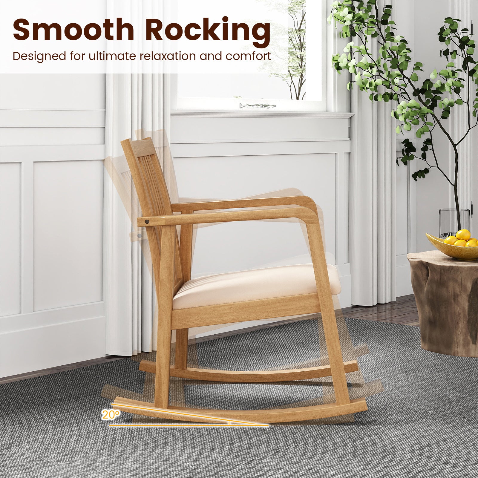 Rocking Chair with Slatted Back and Curved Armrests, Natural Patio Rocking Chairs & Gliders at Gallery Canada