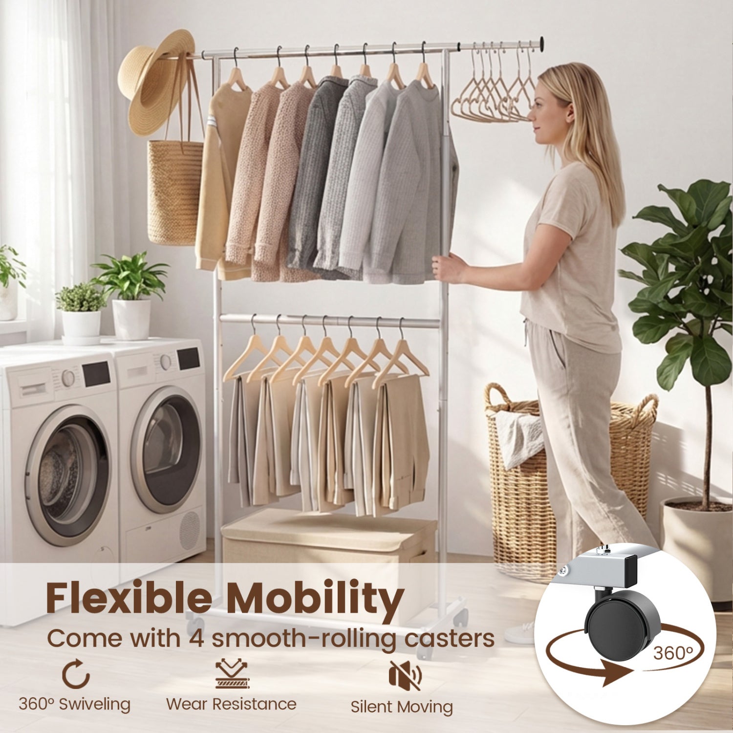Double Rod Rolling Clothes Rack, Extendable Garment Stand Drying Racks at Gallery Canada