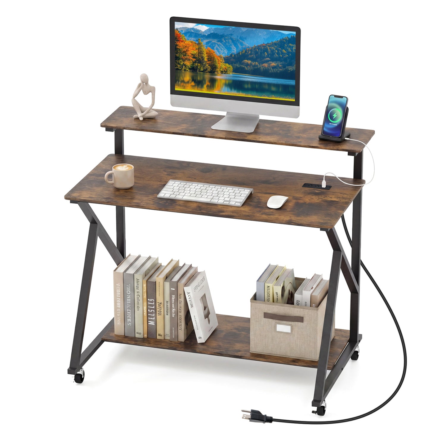 Rolling Computer Desk With Charging Station, Monitor Shelf, Brown Computer Desks Rustic Brown at Gallery Canada