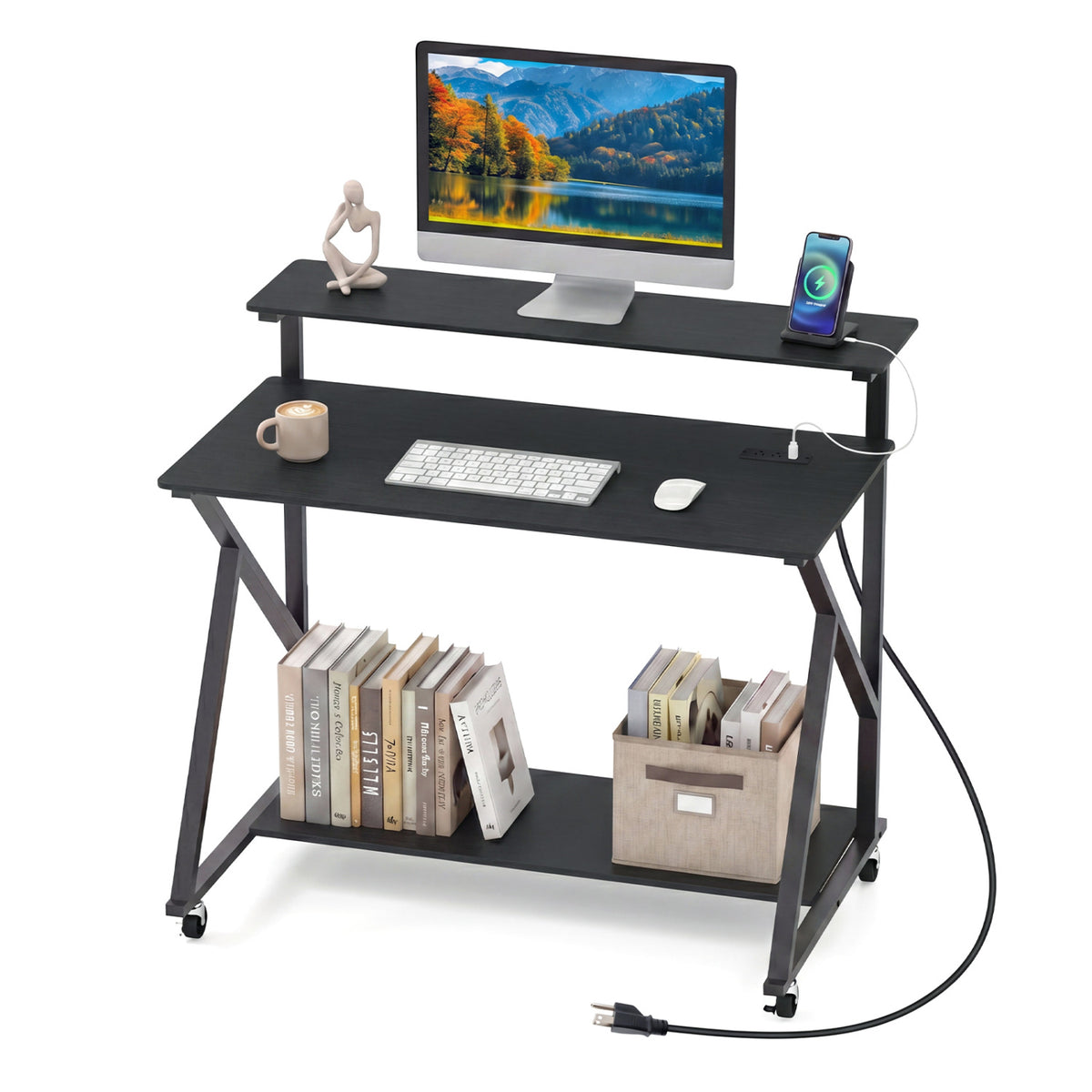 Rolling Computer Desk With Charging Station, Monitor Shelf, Black Computer Desks at Gallery Canada