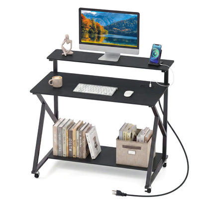 Rolling Computer Desk With Charging Station, Monitor Shelf, Black Computer Desks at Gallery Canada