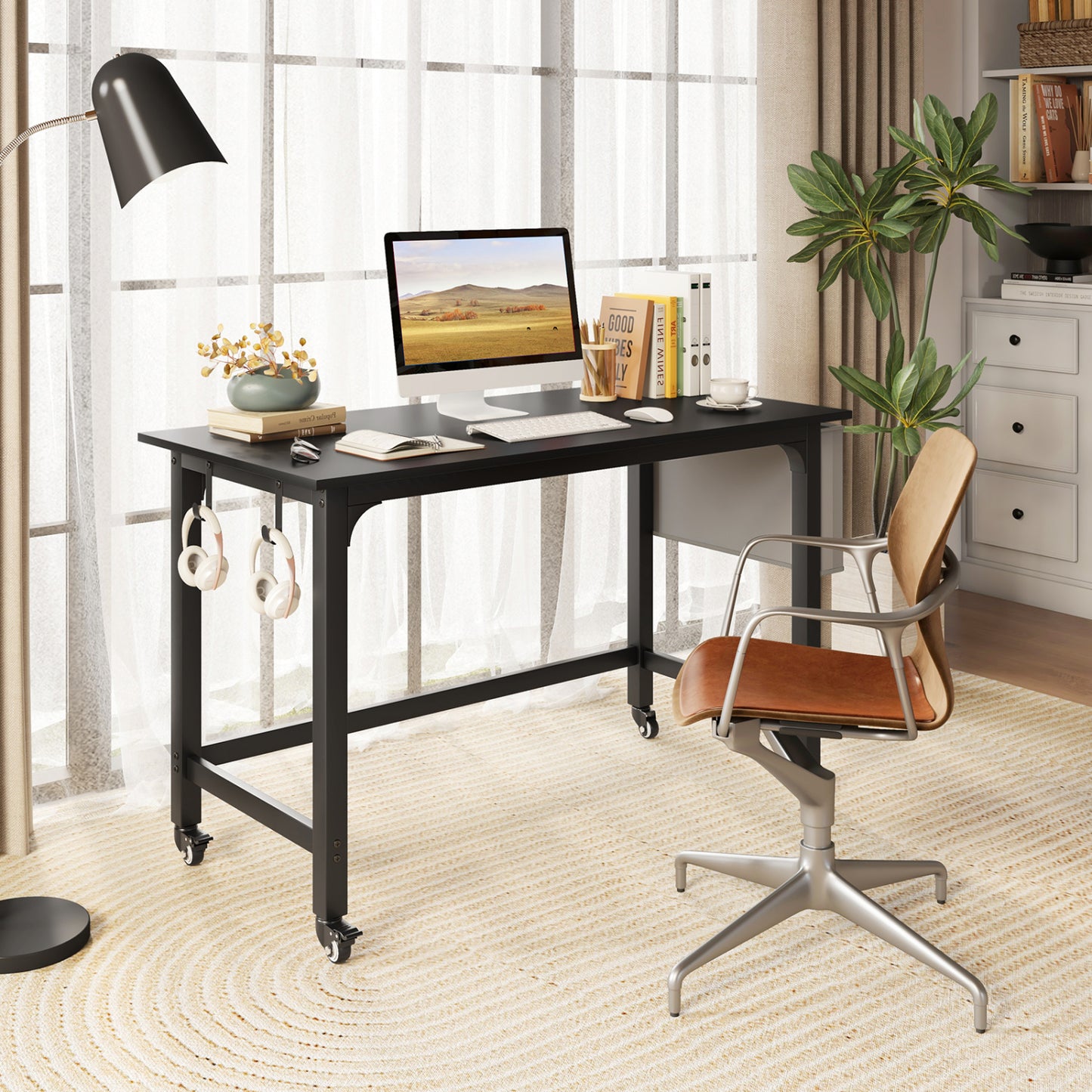 Bureau d'ordinateur roulant avec crochets pour casque, noir