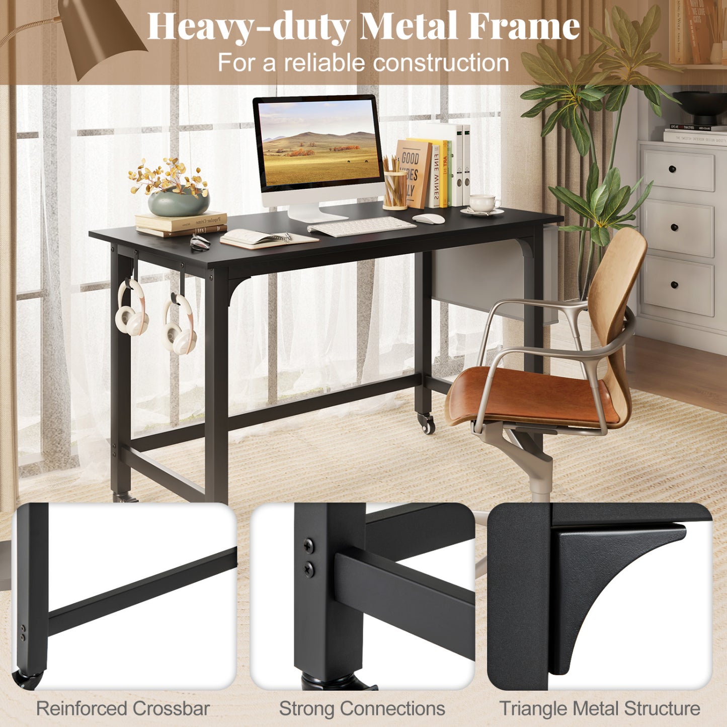 Bureau d'ordinateur roulant avec crochets pour casque, noir