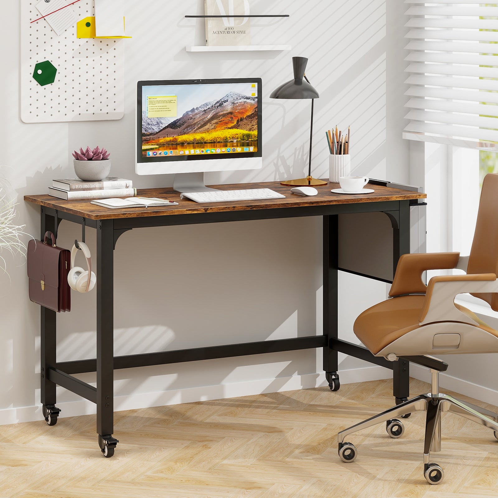 Rolling Computer Desk With Detachable Fabric Bag, Brown Writing Desks at Gallery Canada