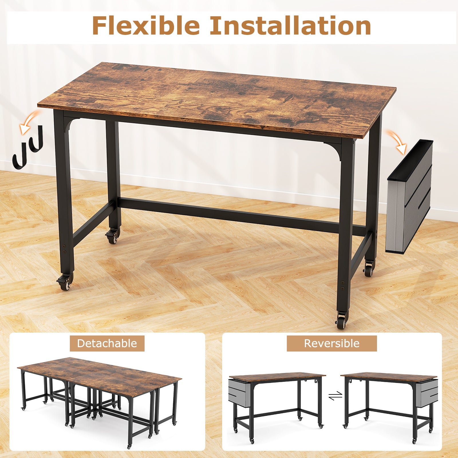 Rolling Computer Desk With Detachable Fabric Bag, Brown Writing Desks at Gallery Canada