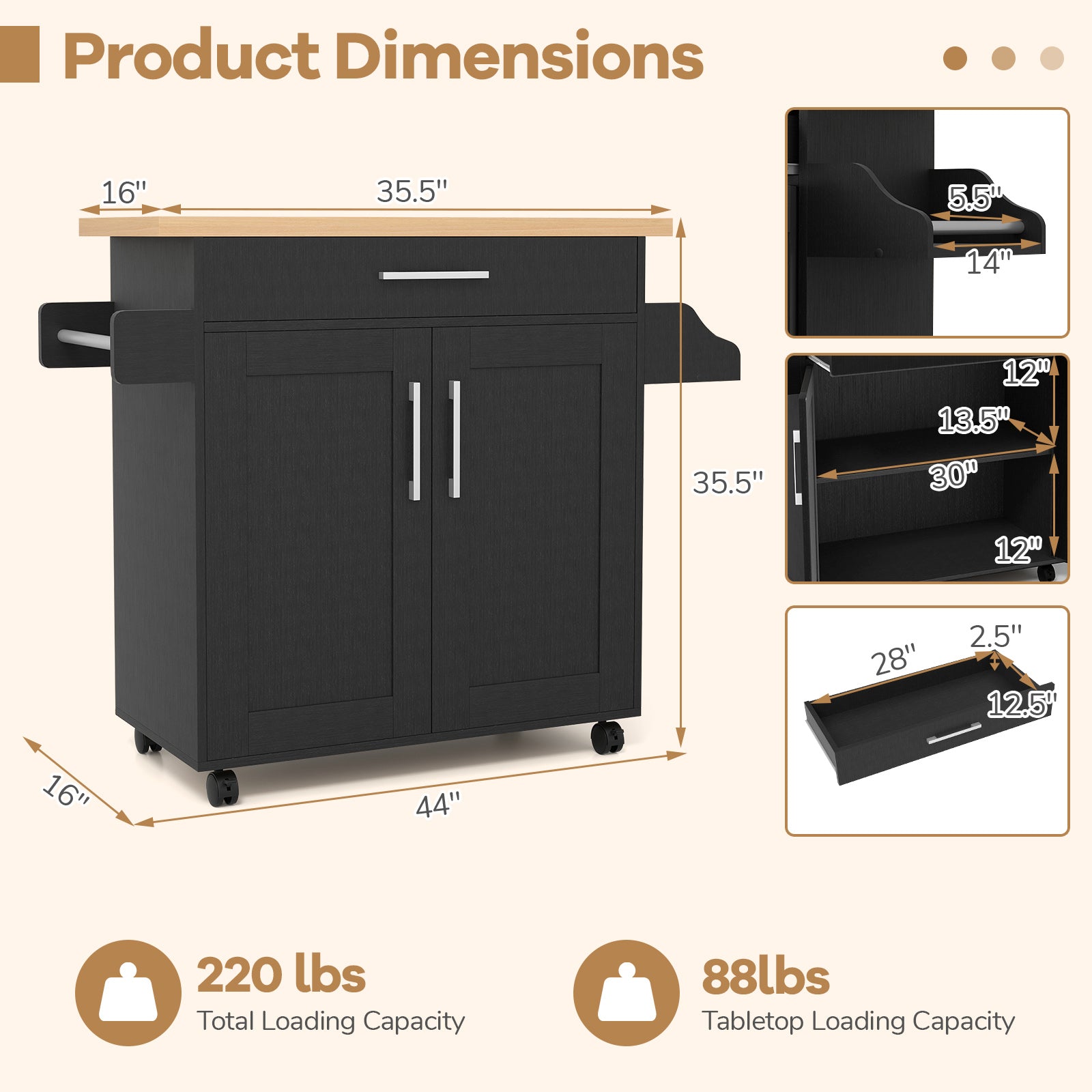 Rolling Kitchen Island Cart, Black Kitchen Islands & Carts at Gallery Canada