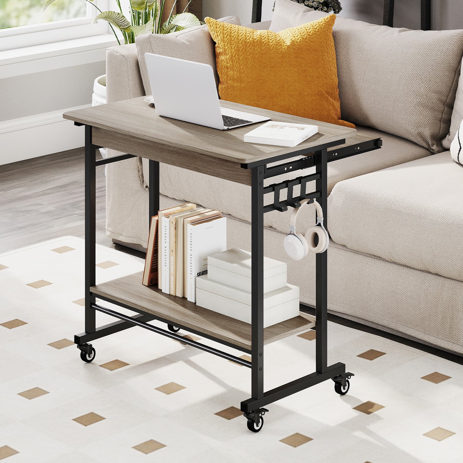 Rolling Laptop Table With Pull-Out Keyboard Tray, Hooks, Gray Laptop Tables & Printer Stands at Gallery Canada