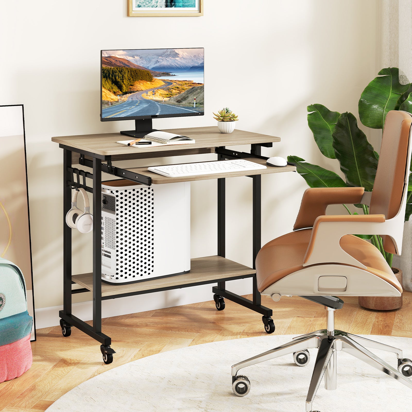 Rolling Laptop Table With Pull-Out Keyboard Tray, Hooks, Gray Laptop Tables & Printer Stands at Gallery Canada