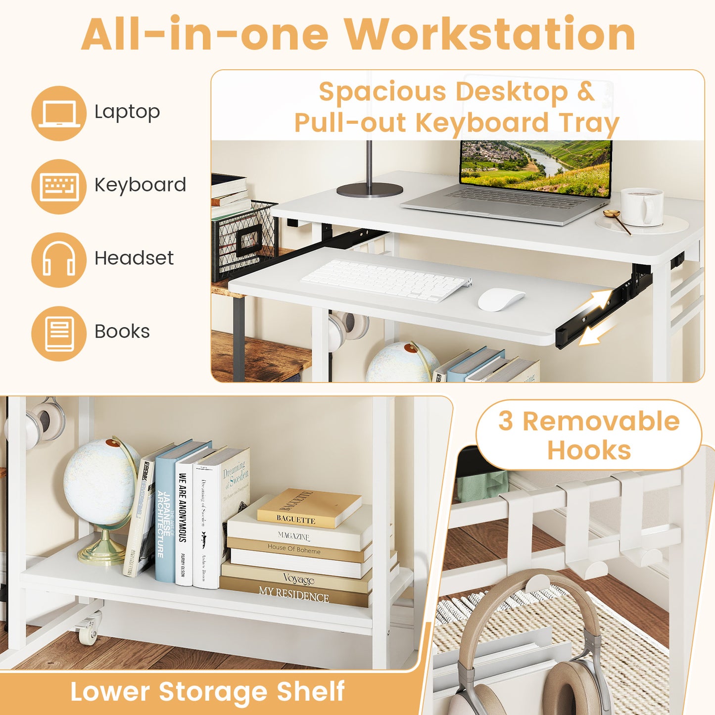 Rolling Laptop Table with Pull-out Keyboard Tray and Hooks, White Laptop Tables & Printer Stands at Gallery Canada