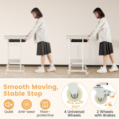 Rolling Laptop Table with Pull-out Keyboard Tray and Hooks, White Laptop Tables & Printer Stands at Gallery Canada
