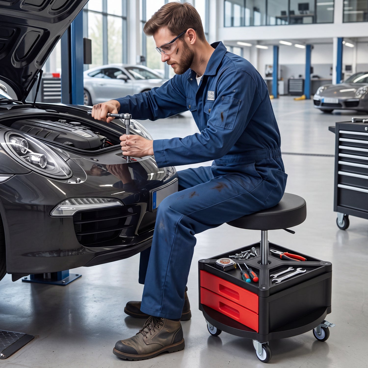 Rolling Mechanic Stool with Cushioned Seat & Dual Tool Trays 330 Lbs, Red Garages at Gallery Canada