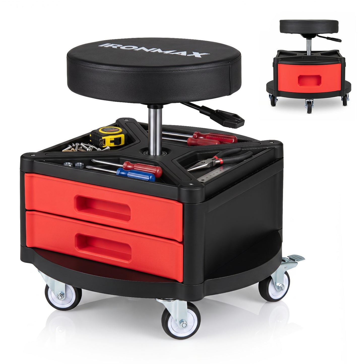 Rolling Mechanic Stool with Cushioned Seat & Dual Tool Trays 330 Lbs, Red Garages at Gallery Canada