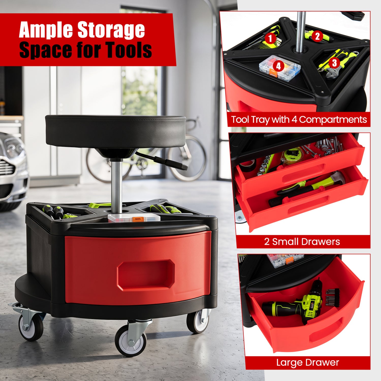 Rolling Mechanic Stool with Cushioned Seat & Dual Tool Trays 330 Lbs, Red Garages at Gallery Canada