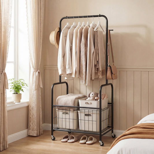 Rolling Metal Clothes Rack With Hanging Rod And Storage Basket, Black Clothing & Closet Storage Black at Gallery Canada