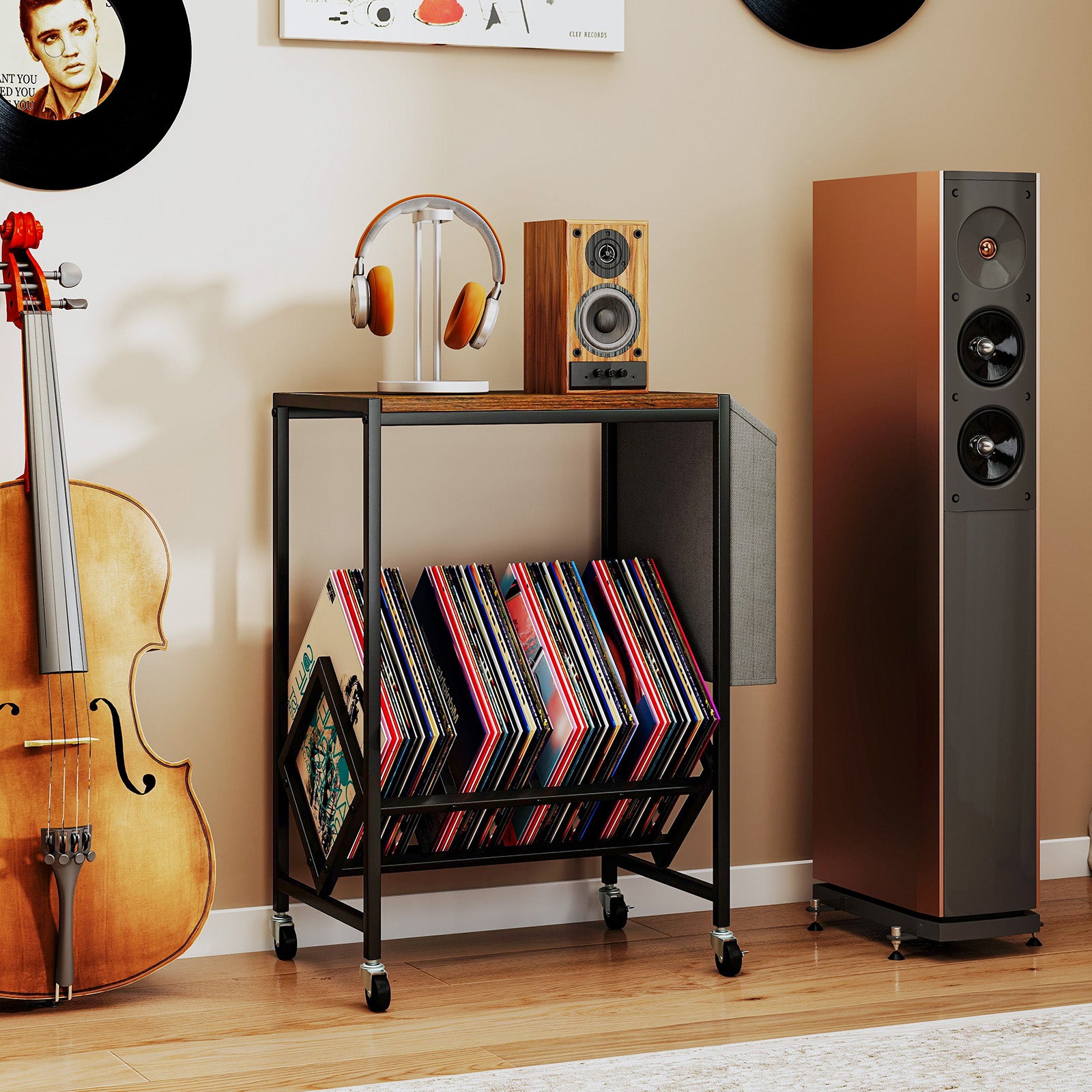 Rolling Record Player Stand, 2-Tier Vinyl Storage, Magazine Holder, Brown End & Side Tables at Gallery Canada