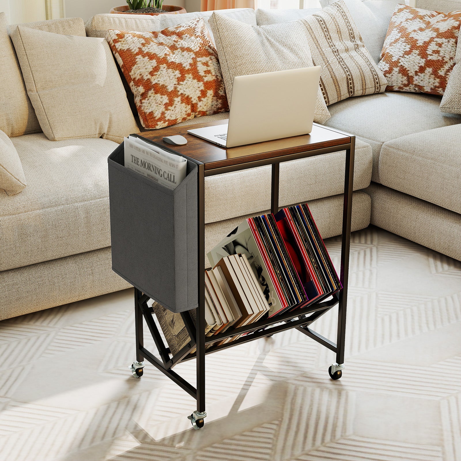 Rolling Record Player Stand, 2-Tier Vinyl Storage, Magazine Holder, Brown End & Side Tables at Gallery Canada