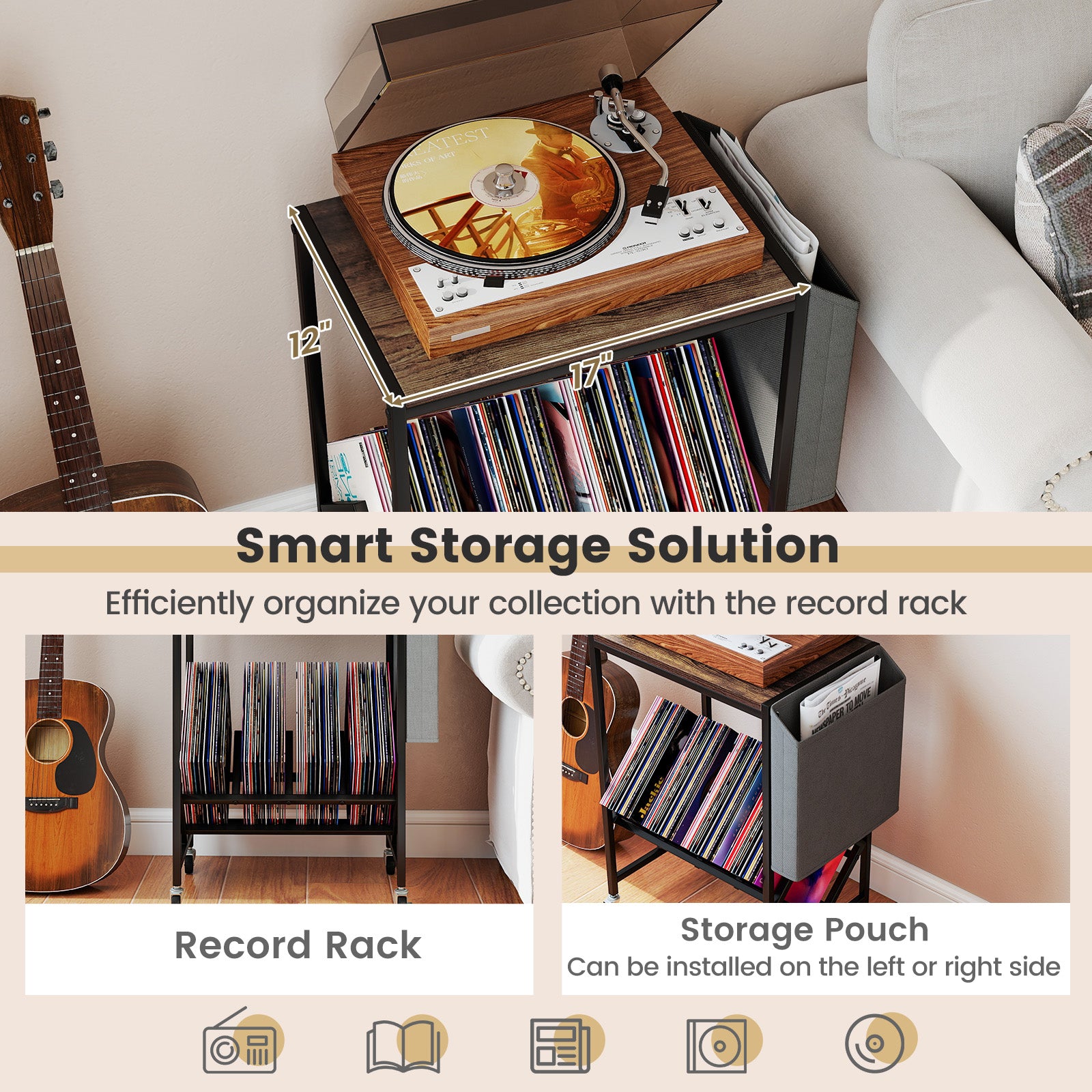 Rolling Record Player Stand, 2-Tier Vinyl Storage, Magazine Holder, Brown End & Side Tables at Gallery Canada