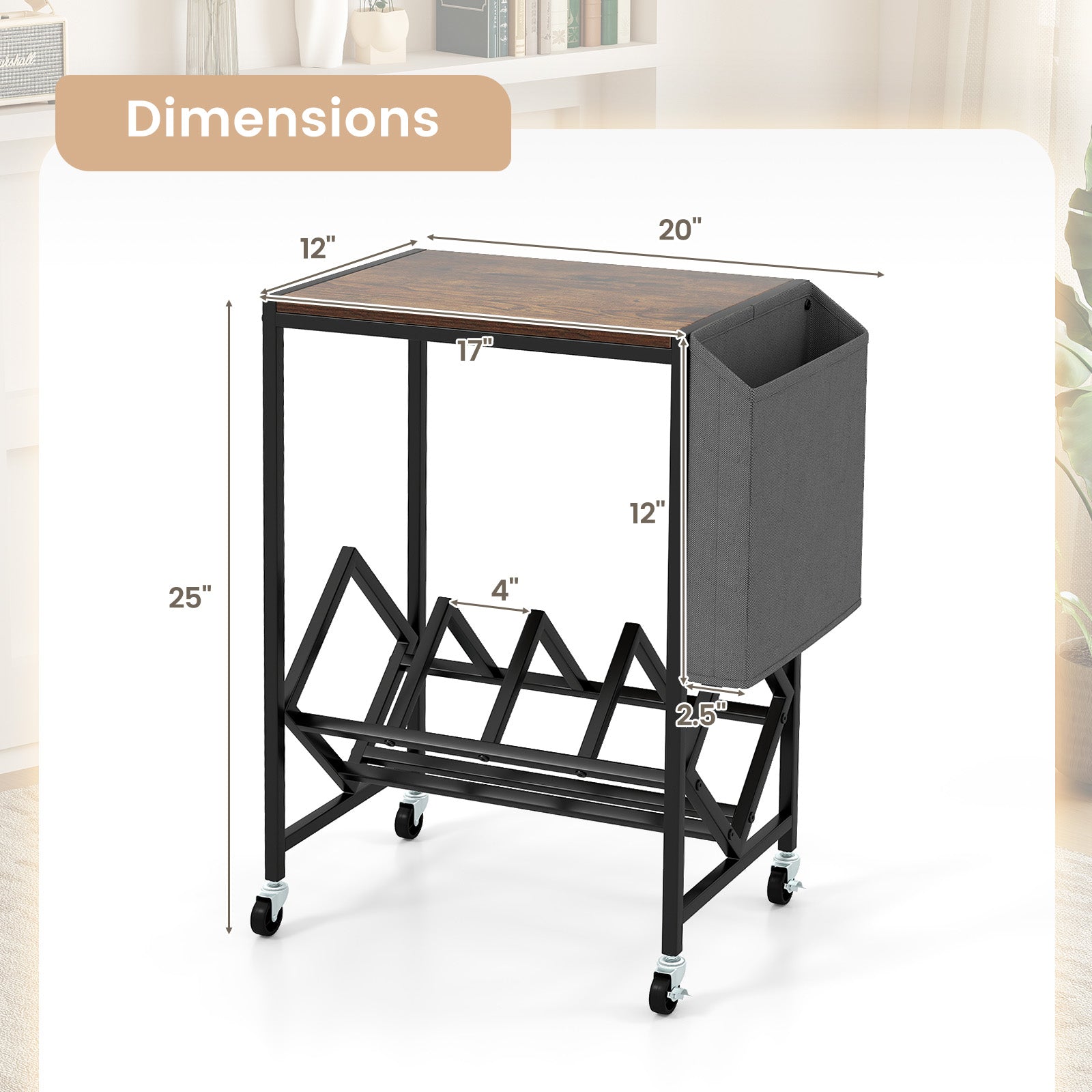 Rolling Record Player Stand, 2-Tier Vinyl Storage, Magazine Holder, Brown End & Side Tables at Gallery Canada