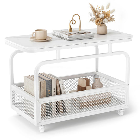 Rolling Side Table, 2-Tier Narrow End Table with Mesh Basket, White End & Side Tables White at Gallery Canada