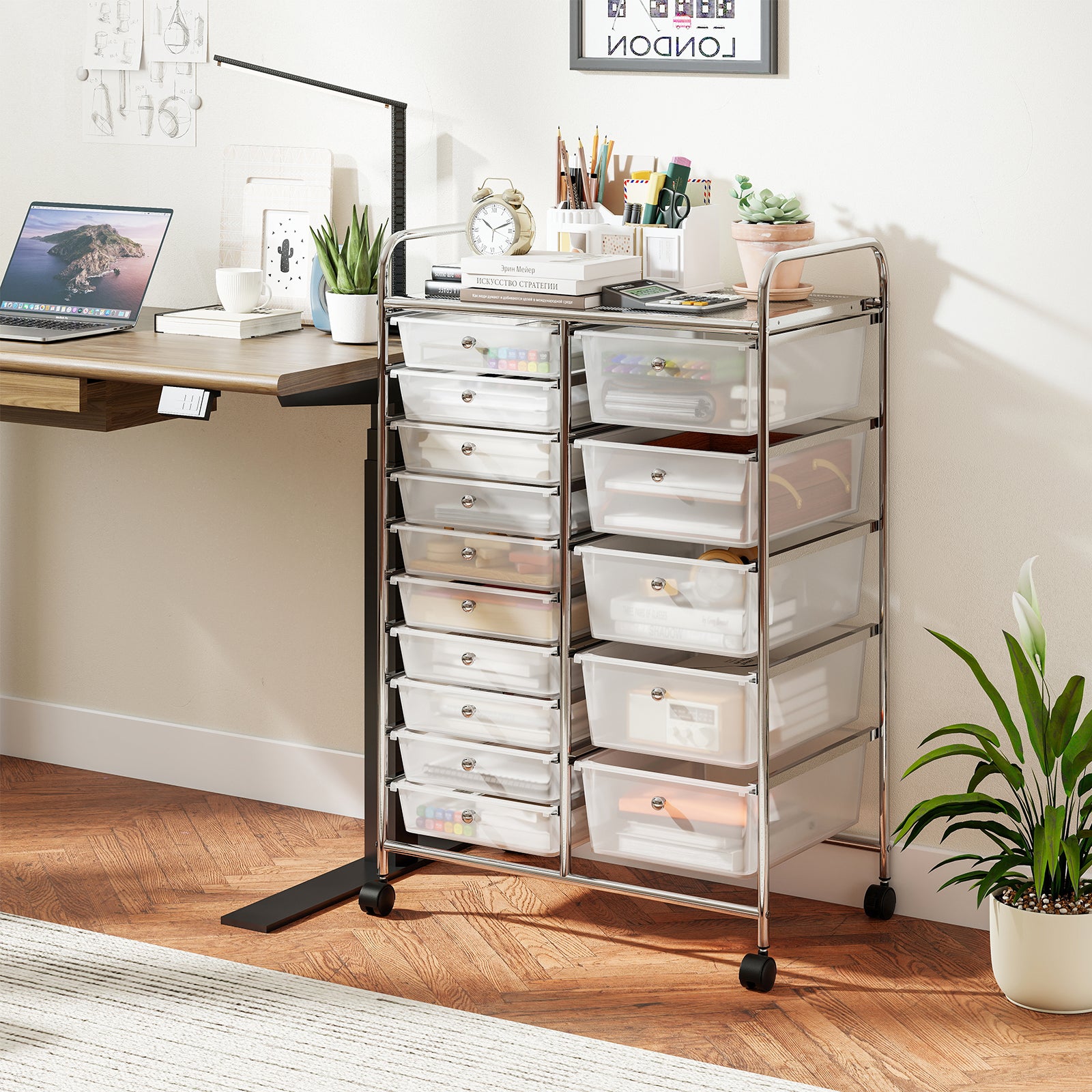 15-Drawer Rolling Storage Cart, Metal Frame, Transparent, Chrome File Cabinets at Gallery Canada