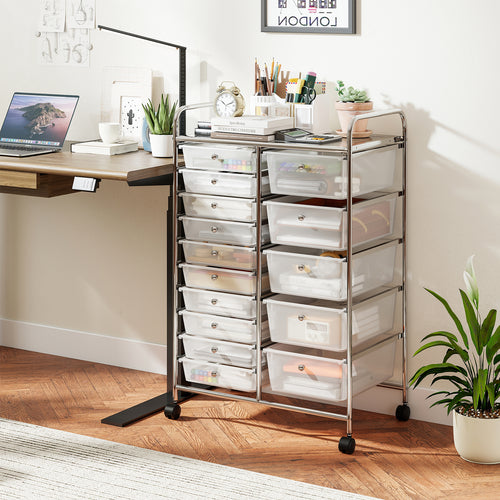 15-Drawer Rolling Storage Cart, Metal Frame, Transparent, Chrome