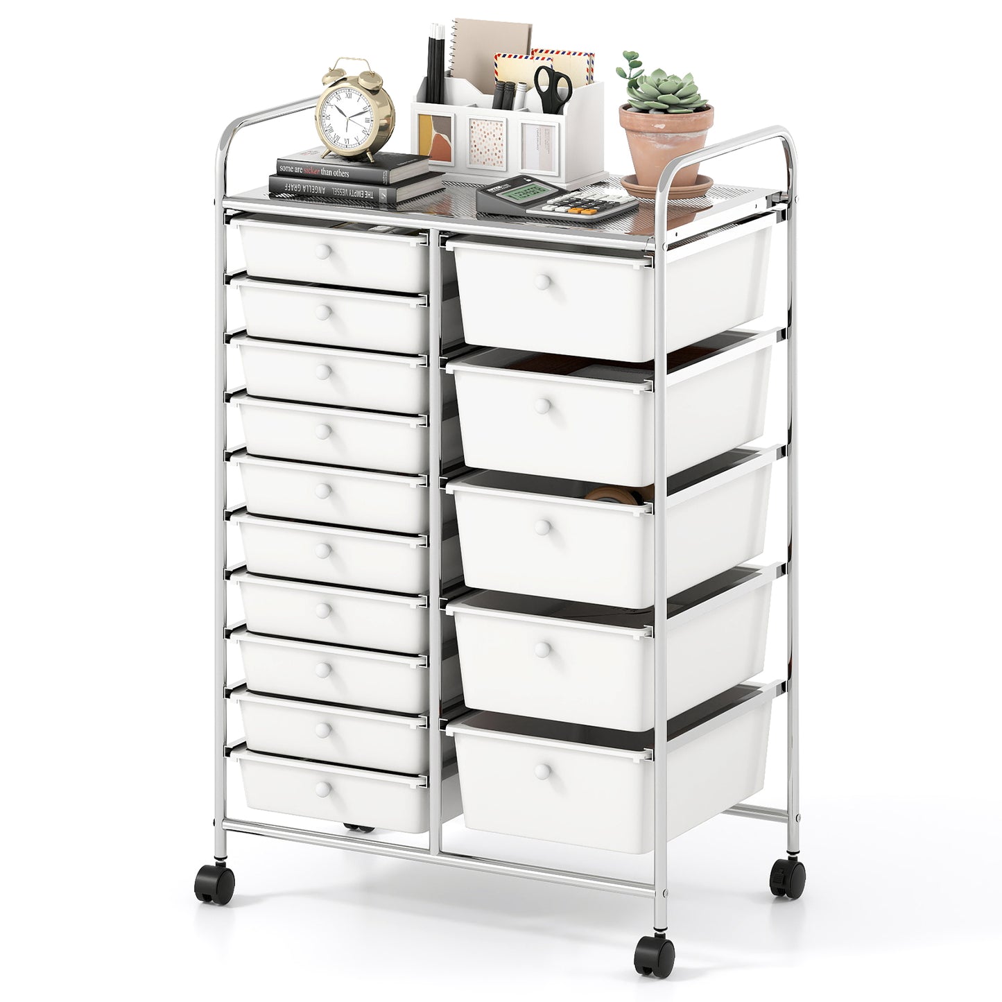 15-Drawer Rolling Storage Cart, Chrome Metal Frame, White File Cabinets at Gallery Canada
