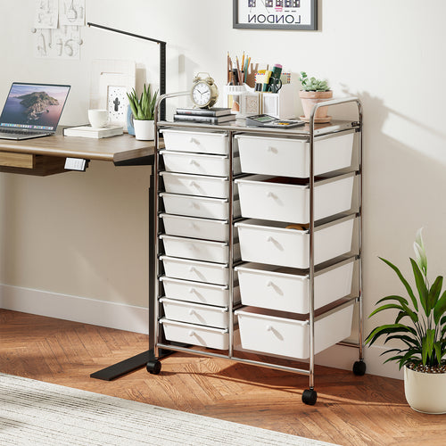 15-Drawer Rolling Storage Cart, Chrome Metal Frame, White