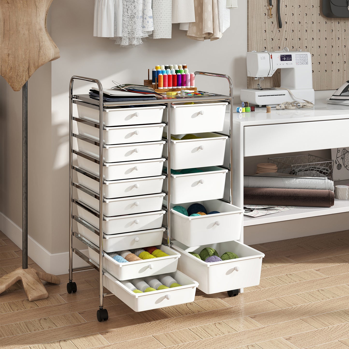 15-Drawer Rolling Storage Cart, Chrome Metal Frame, White File Cabinets at Gallery Canada