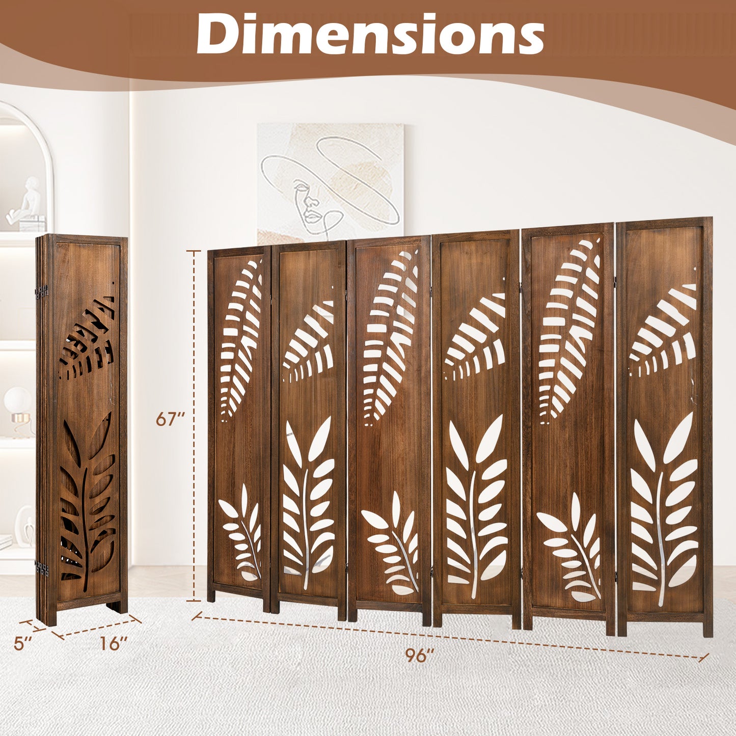 5.6 FT Folding Partition Room Divider, 6 Panel, Double Action Metal Hinges Room Dividers at Gallery Canada