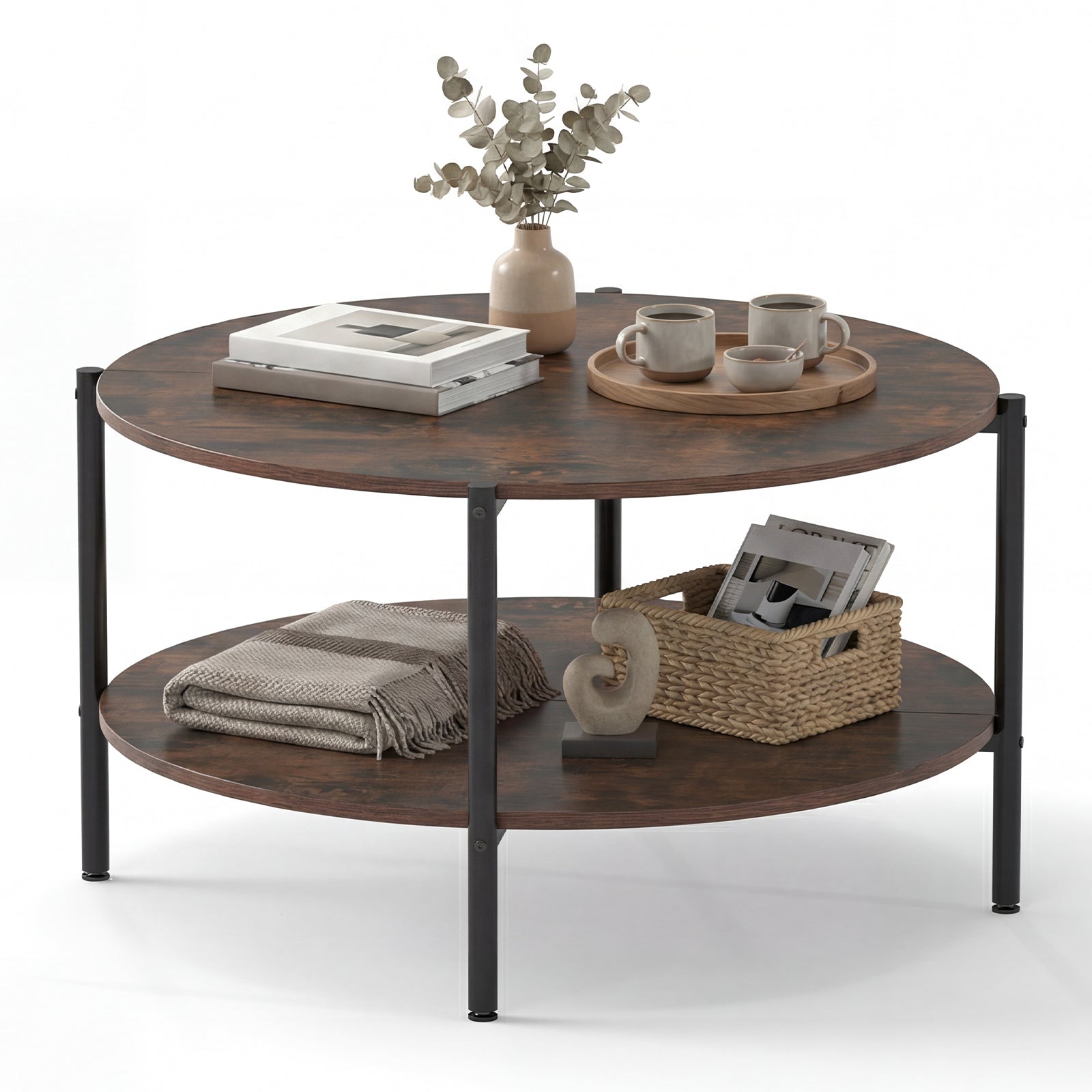 2-Tier Round Coffee Table with Open Shelf Coffee Tables Rustic Brown at Gallery Canada
