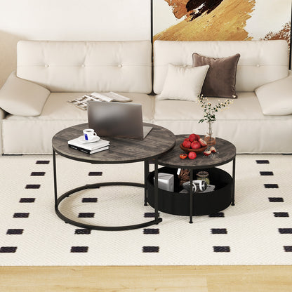 Round Coffee Table Set, 31.5" and 24", Fabric Storage Basket, Gray Coffee Tables at Gallery Canada