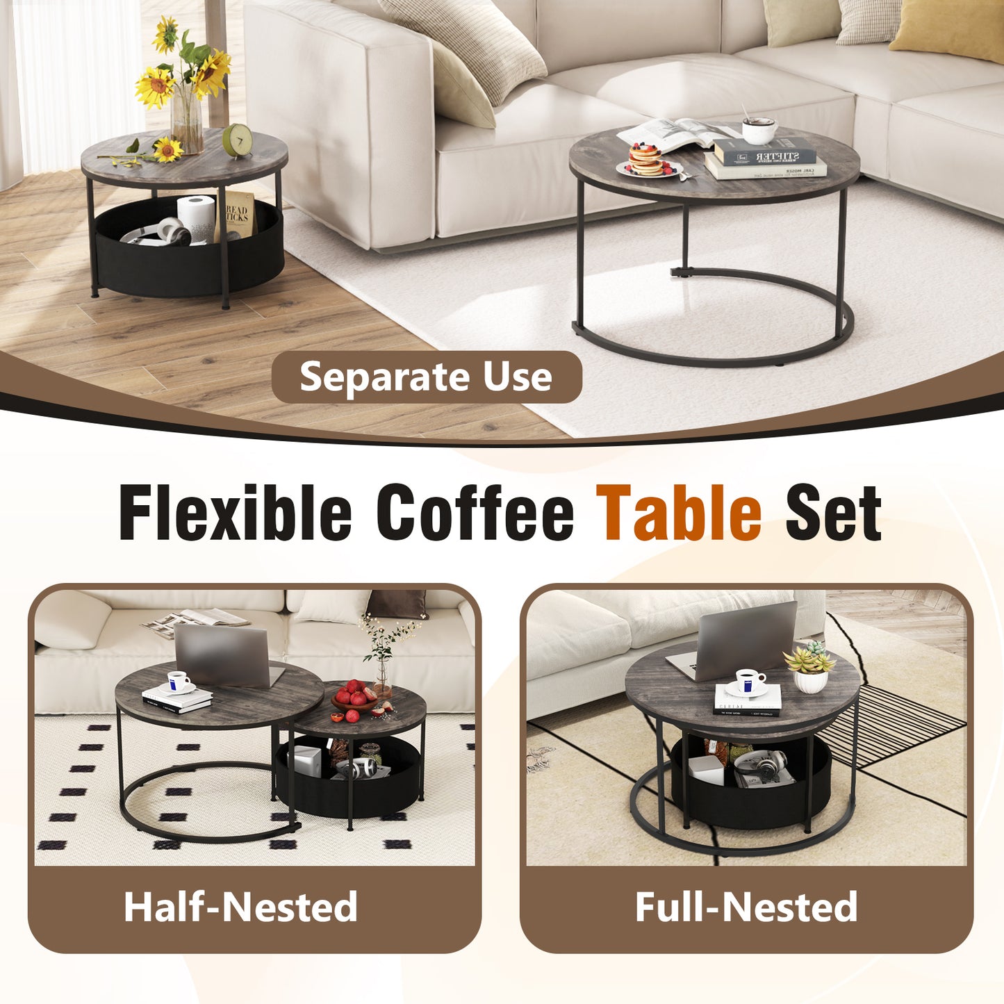 Round Coffee Table Set, 31.5" and 24", Fabric Storage Basket, Gray Coffee Tables at Gallery Canada