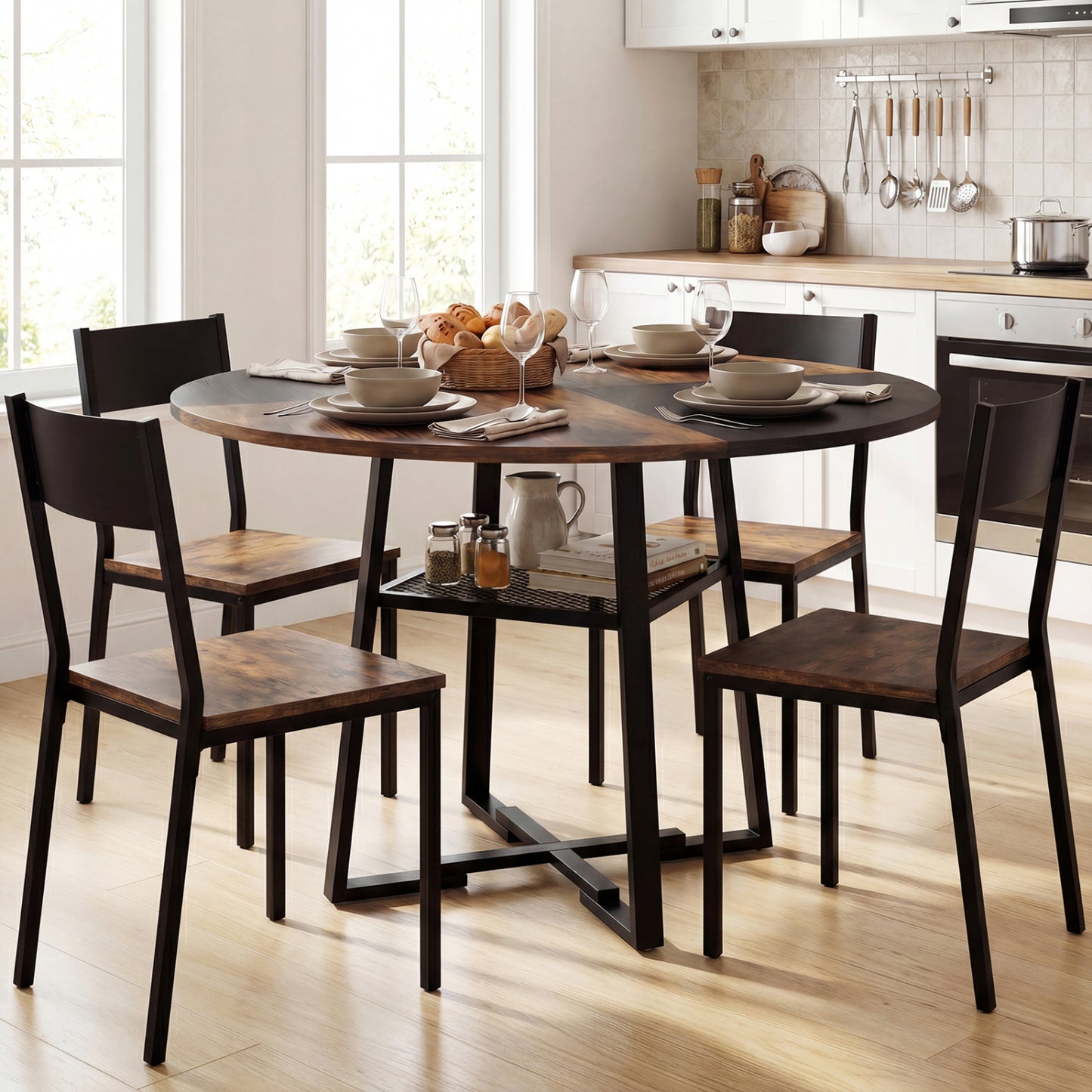 Round Dining Table For 4-6, Storage Shelf, Metal Legs, Rustic Brown Dining Tables at Gallery Canada