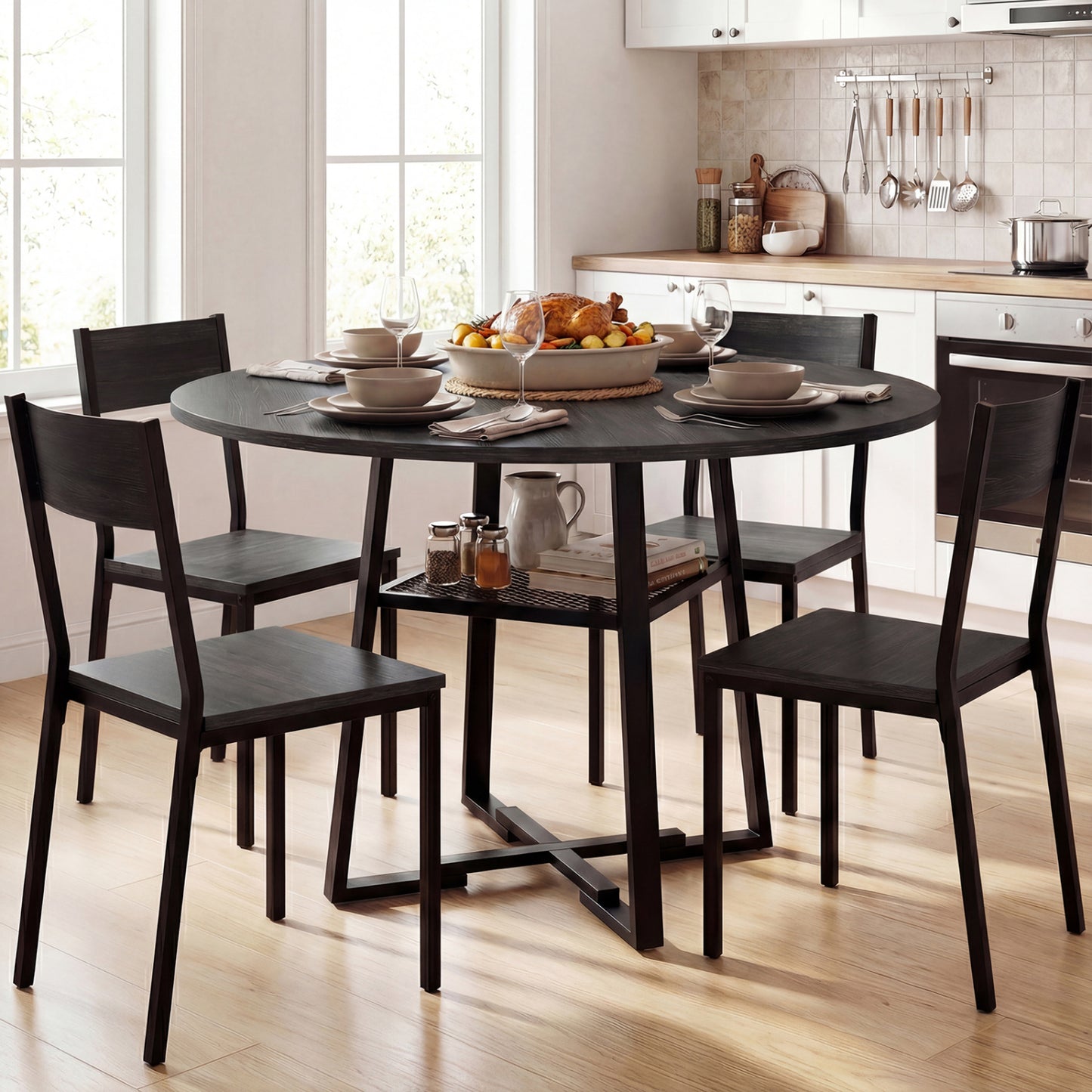 Round Dining Table For 4-6, With Storage Shelf And Metal Legs, Black Dining Tables at Gallery Canada