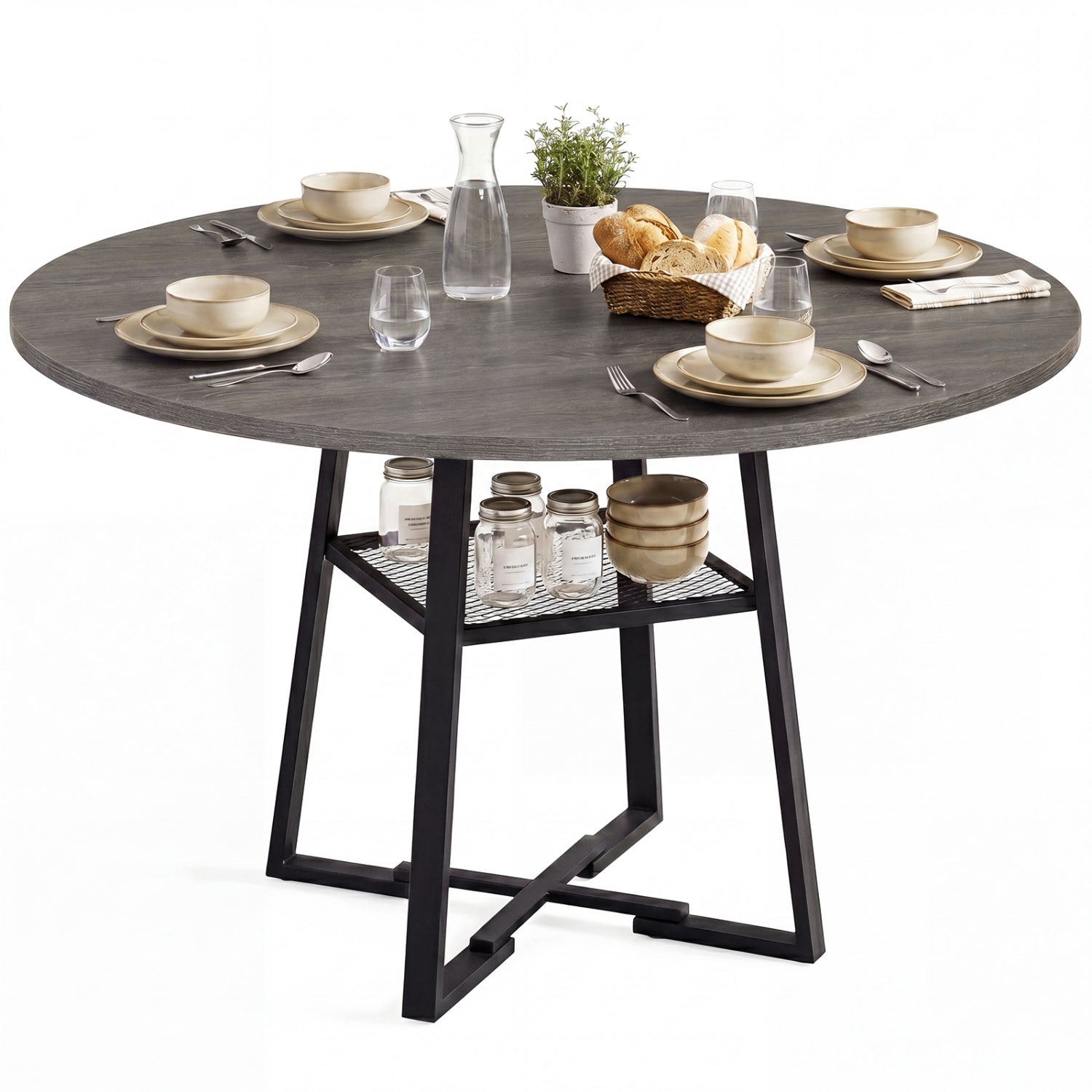 Round Dining Table For 4-6, With Storage Shelf And Metal Legs, Gray Dining Tables at Gallery Canada