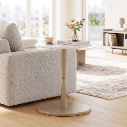 Round Marble Side Table with Stone Finish and Wooden Base for Small Spaces-White and Gold, White & Golden End & Side Tables at Gallery Canada