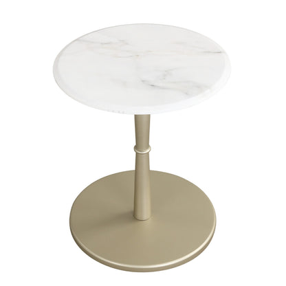 Round Marble Side Table with Stone Finish and Wooden Base for Small Spaces-White and Gold, White & Golden End & Side Tables at Gallery Canada